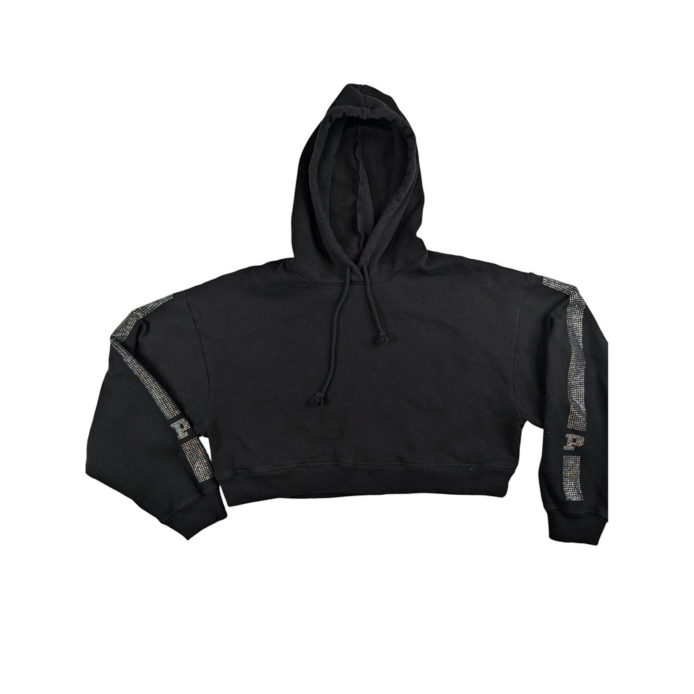 Pink Victoria's Secret Black Cropped Rhinestone Logo‎ Hoodie Large 236779-QC5